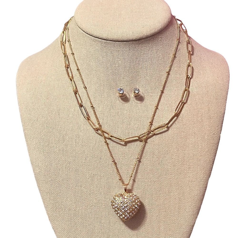 NEW Gold Link Chain Necklace And Heart Necklace Set With Matching Stud Earrings